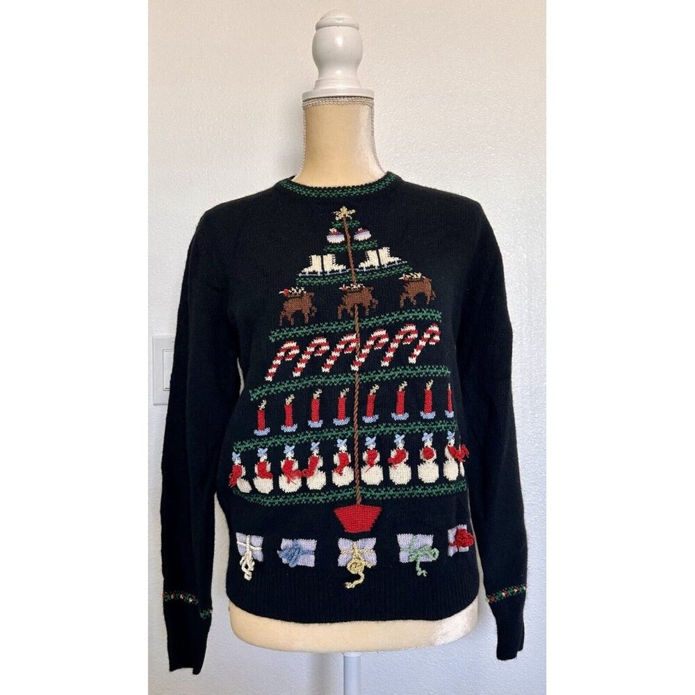 Vintage Susan Bristol Festive Black Christmas Tree Embroidered Sweater Size 34